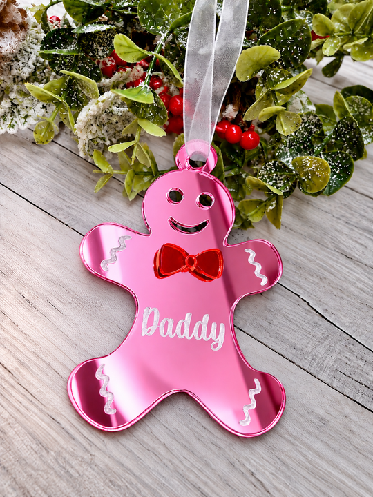 Personalised gingerbread man Christmas decoration in pink mirrored acrylic