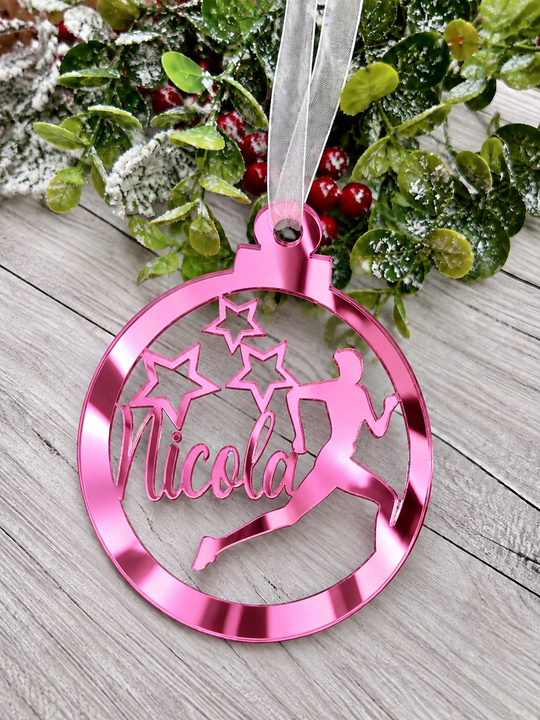 Personalised runner Christmas decoration in pink mirrored acrylic