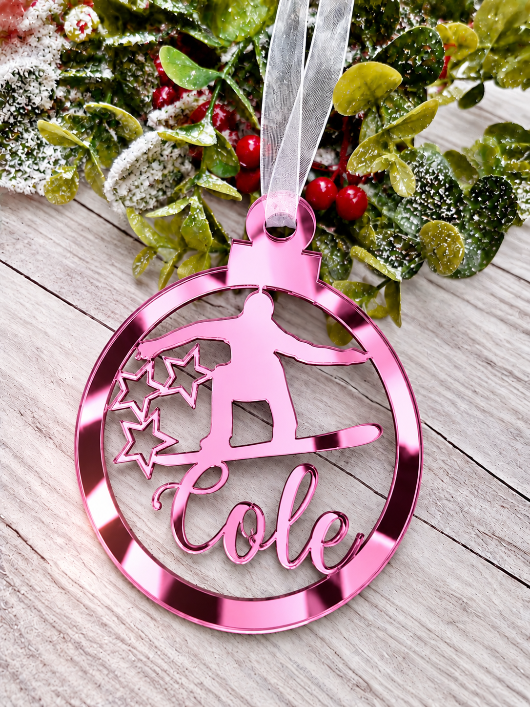 Load image into Gallery viewer, Personalised snowboarder Christmas decoration in pink mirrored acrylic
