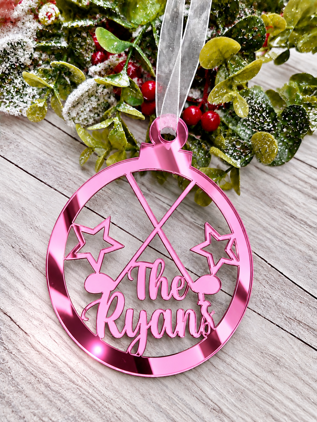 Load image into Gallery viewer, Personalised golf Christmas decoration in pink mirrored acrylic
