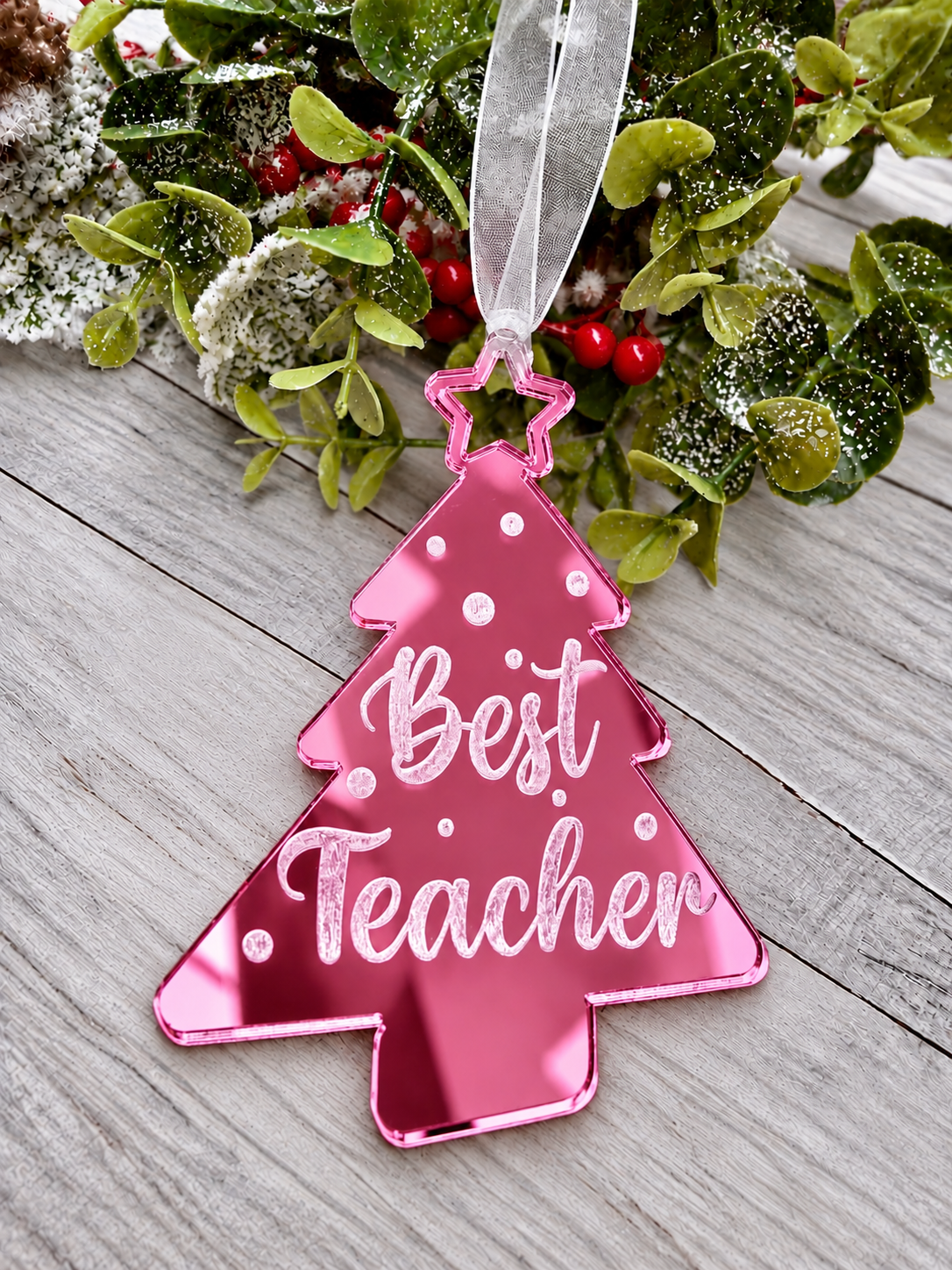 Load image into Gallery viewer, Personalised Best Teacher tree Christmas decoration in pink mirrored acrylic

