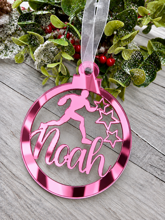 Personalised rugby Christmas decoration in pink mirrored acrylic