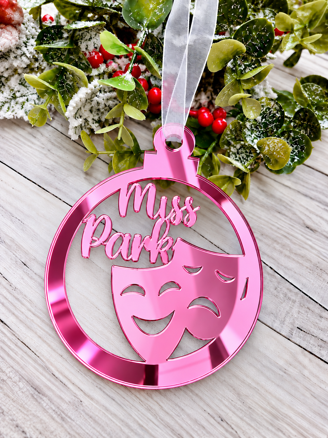 Load image into Gallery viewer, Personalised drama Christmas decoration in pink mirrored acrylic
