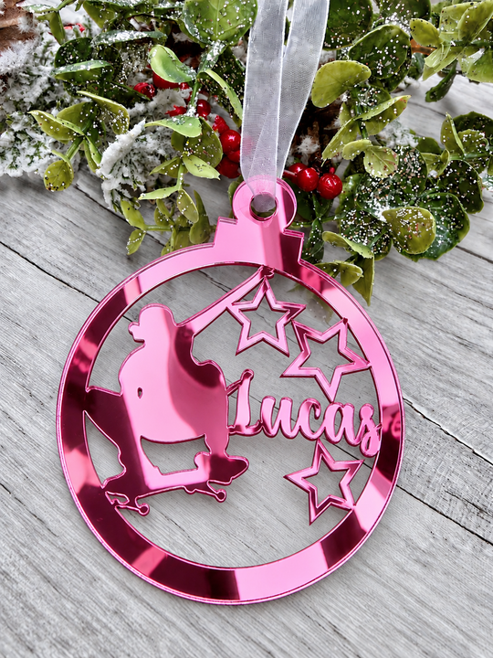 Personalised skateboarder Christmas decoration in pink mirrored acrylic