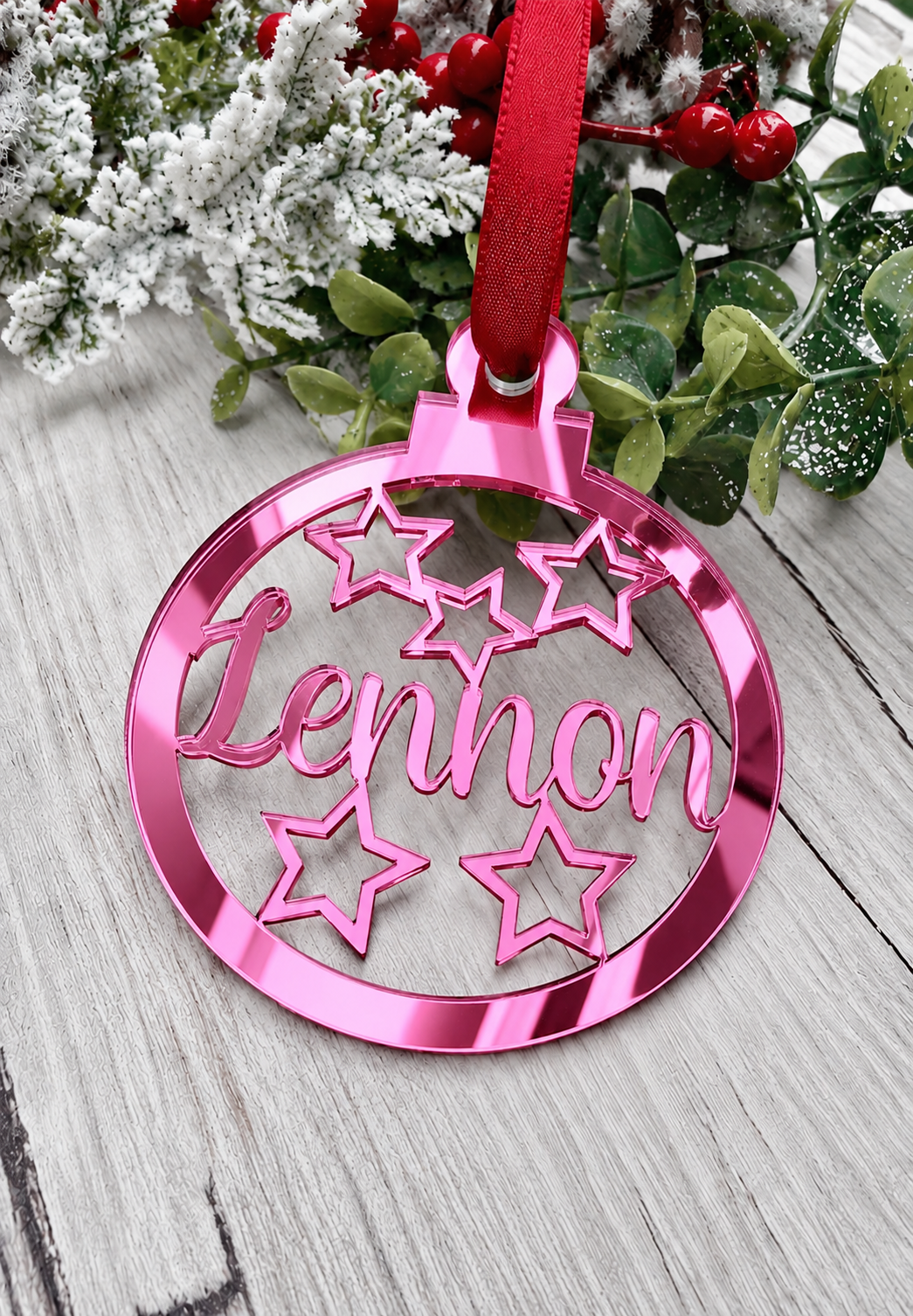 Load image into Gallery viewer, Personalised star Christmas decoration in pink mirrored acrylic
