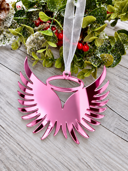 Angel wings in memory Christmas decoration in pink mirrored acrylic, plain
