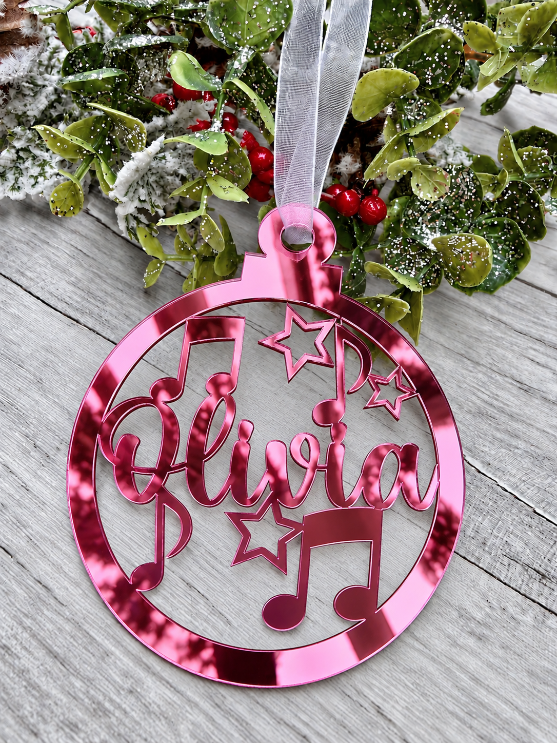 Load image into Gallery viewer, Personalised music notes Christmas decoration in pink mirrored acrylic
