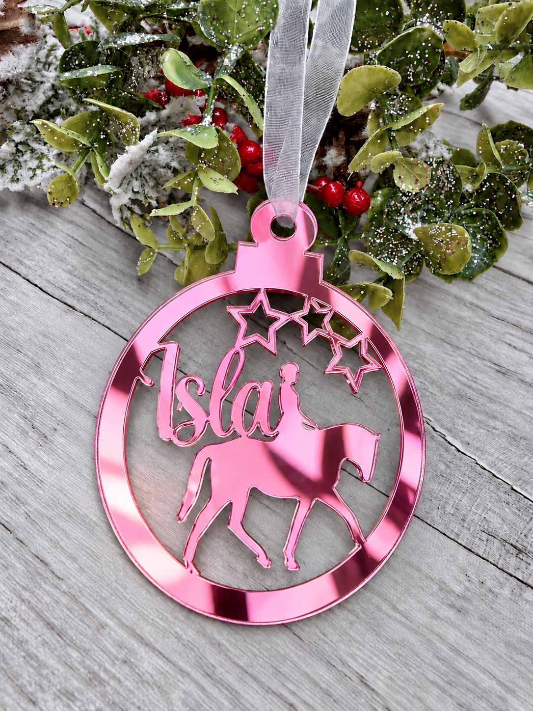 Load image into Gallery viewer, Personalised horse rider Christmas decoration in pink mirrored acrylic
