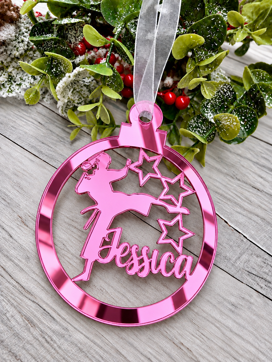 Personalised karate Christmas decoration in pink mirrored acrylic