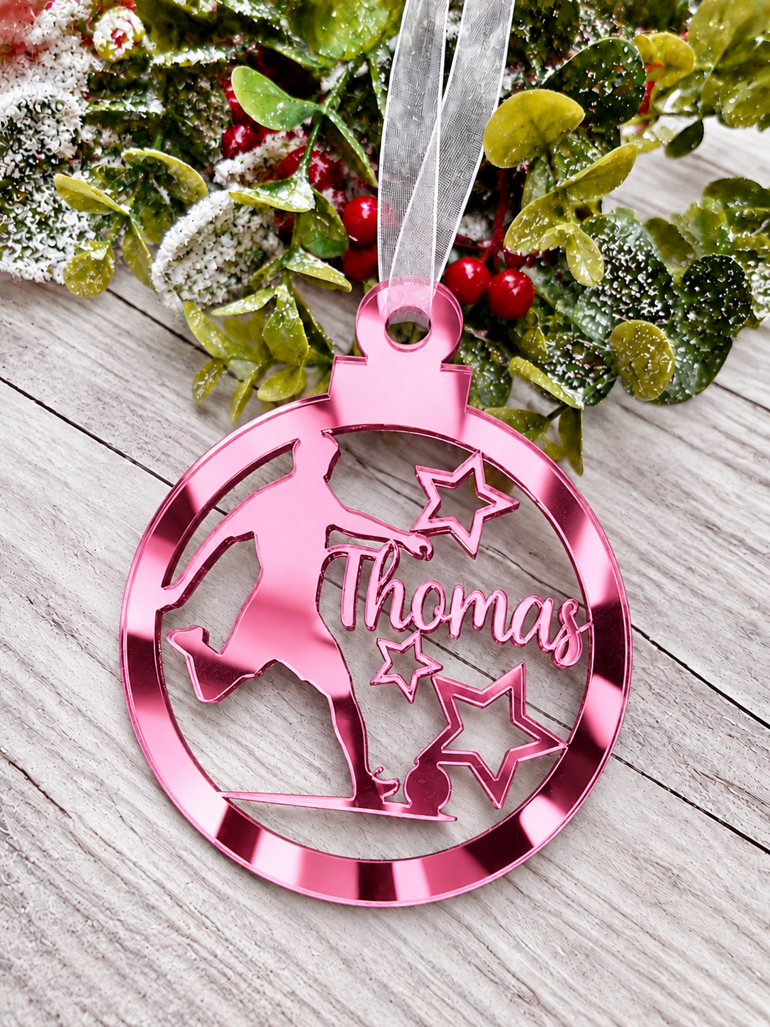 Load image into Gallery viewer, Personalised footballer Christmas decoration in pink mirrored acrylic
