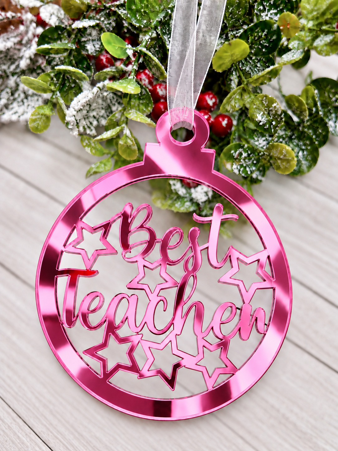 Load image into Gallery viewer, Personalised Best Teacher bauble Christmas decoration in pink mirrored acrylic
