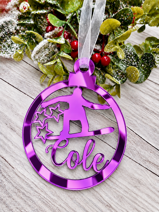 Personalised snowboarder Christmas decoration in purple mirrored acrylic