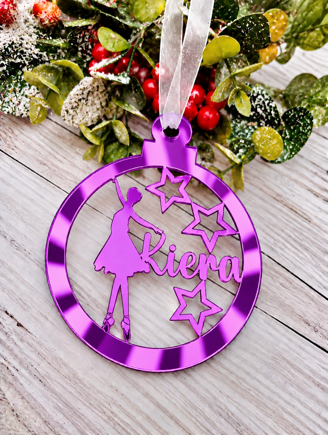 Load image into Gallery viewer, Personalised ballerina Christmas decoration in purple mirrored acrylic
