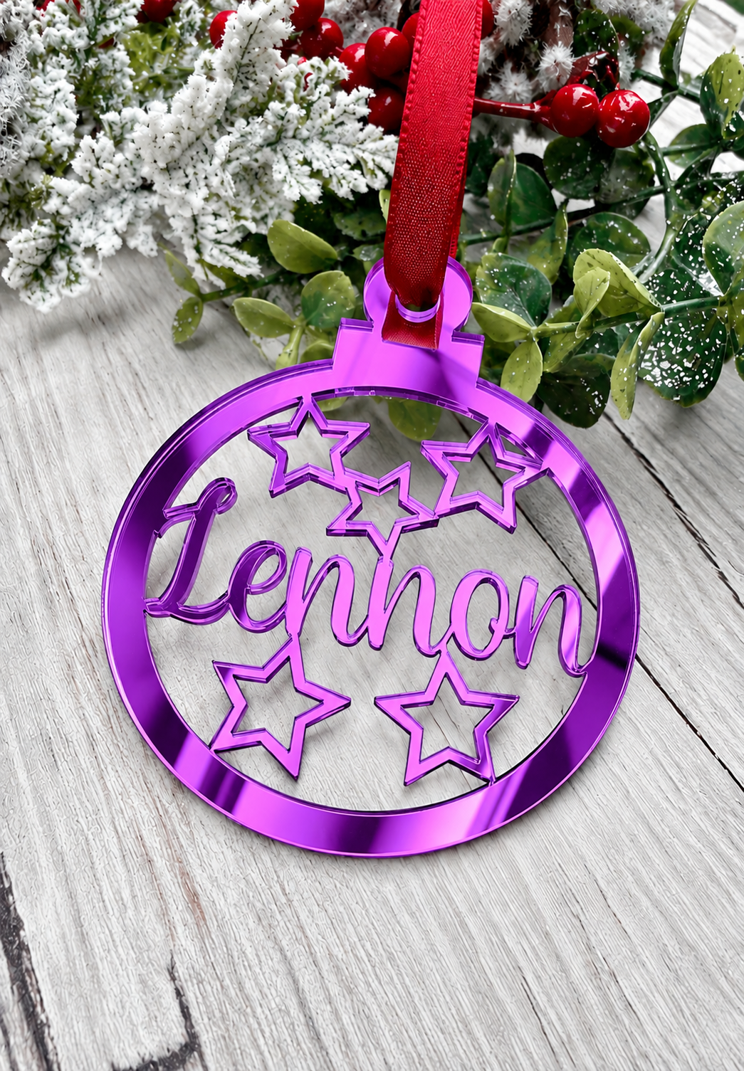 Load image into Gallery viewer, Personalised star Christmas decoration in purple mirrored acrylic
