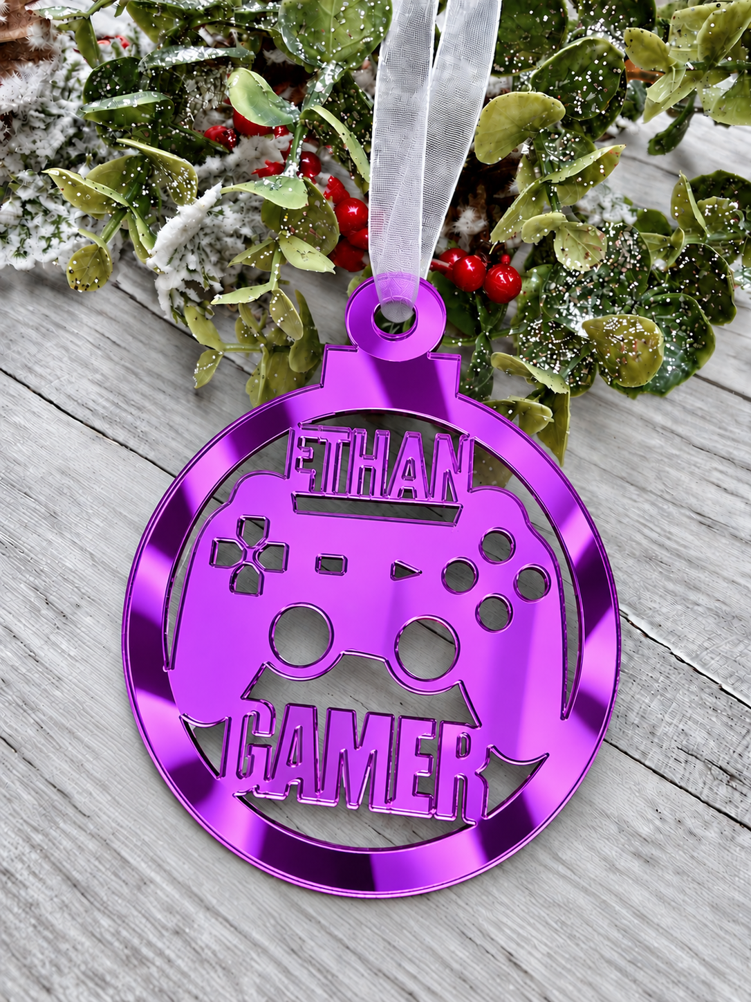 Load image into Gallery viewer, Personalised gamer Christmas decoration in purple mirrored acrylic
