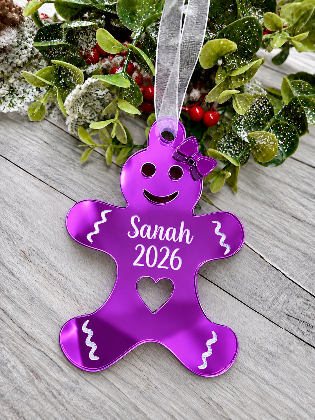 Load image into Gallery viewer, Personalised gingerbread lady Christmas decoration in purple mirrored acrylic
