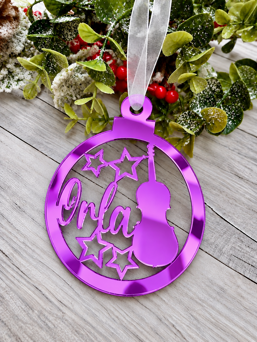 Load image into Gallery viewer, Personalised music Christmas decoration in purple mirrored acrylic

