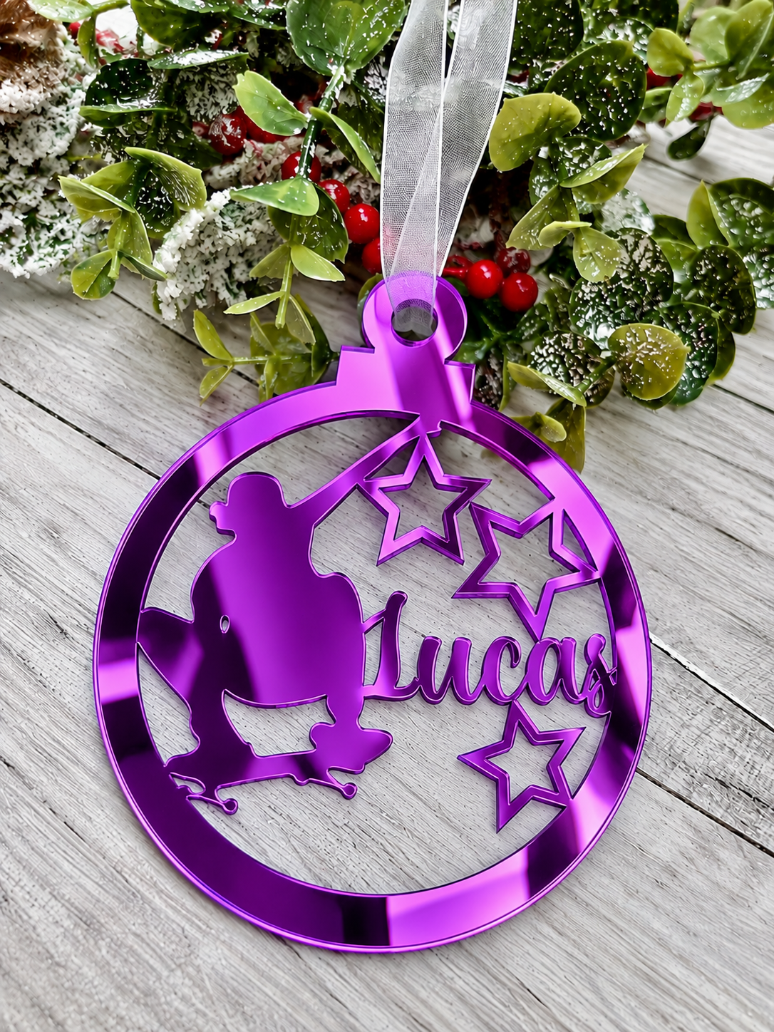 Load image into Gallery viewer, Personalised skateboarder Christmas decoration in purple mirrored acrylic
