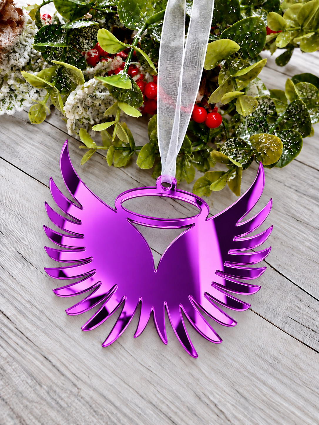 Load image into Gallery viewer, Angel wings in memory Christmas decoration in purple mirrored acrylic, plain
