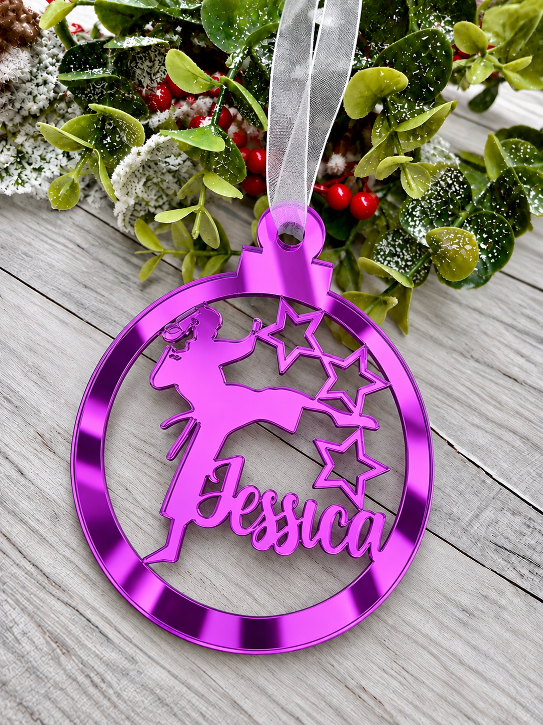 Load image into Gallery viewer, Personalised karate Christmas decoration in purple mirrored acrylic
