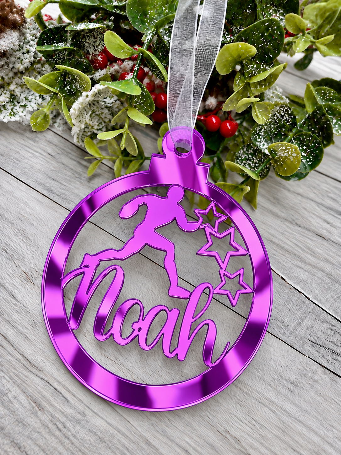 Load image into Gallery viewer, Personalised rugby Christmas decoration in purple mirrored acrylic
