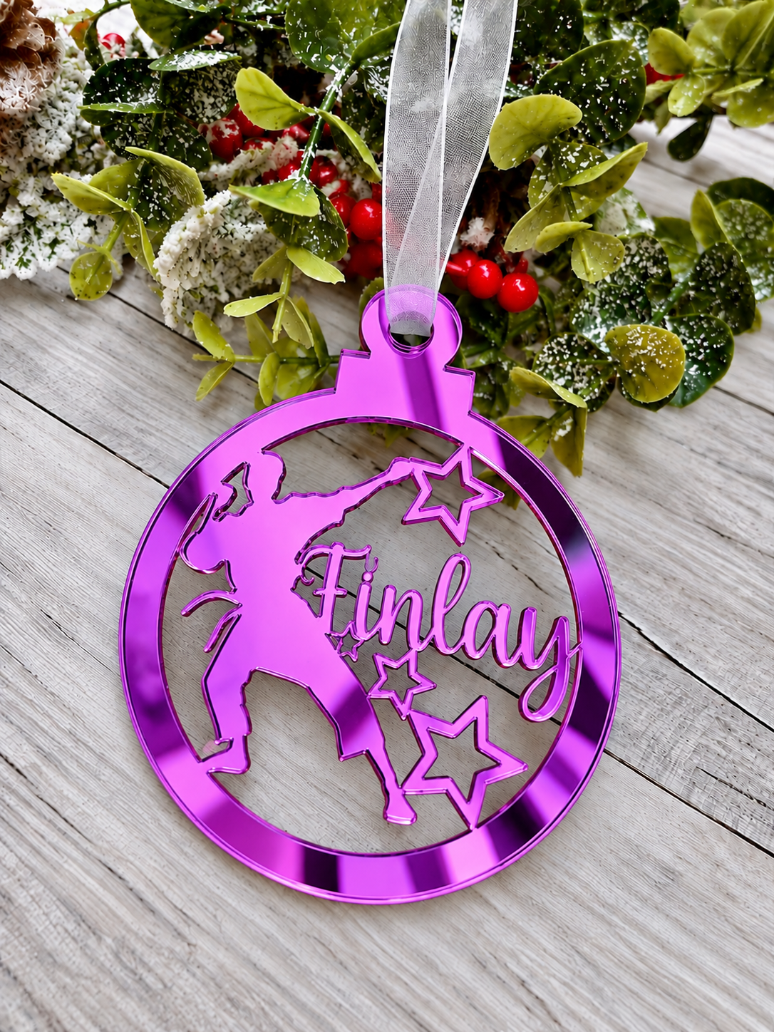 Load image into Gallery viewer, Personalised karate Christmas decoration in purple mirrored acrylic
