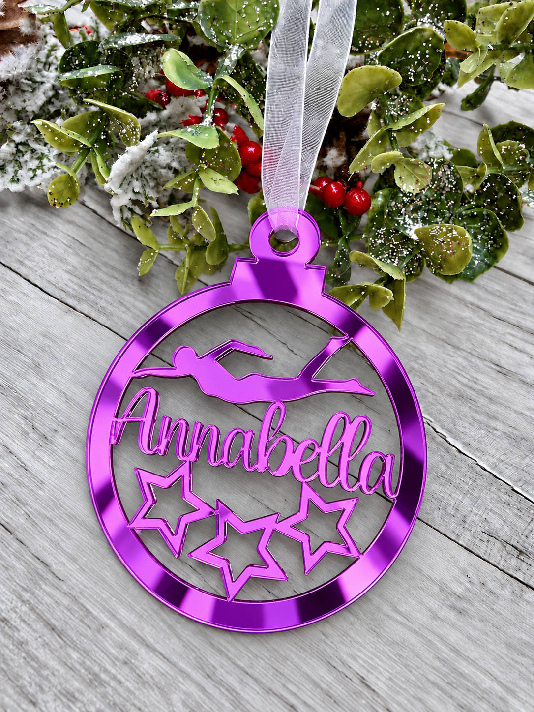 Load image into Gallery viewer, Personalised swimmer Christmas decoration in purple mirrored acrylic
