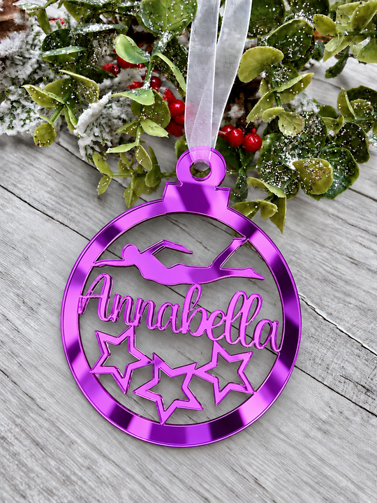 Personalised swimmer Christmas decoration in purple mirrored acrylic
