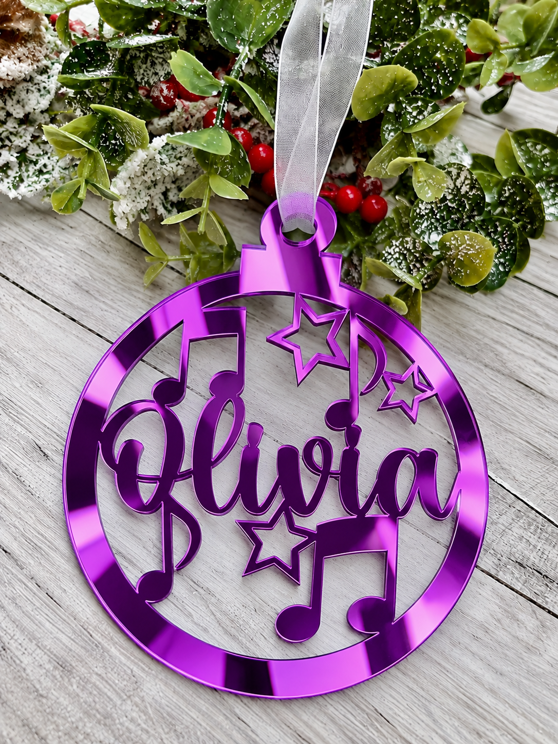 Load image into Gallery viewer, Personalised music notes Christmas decoration in purple mirrored acrylic
