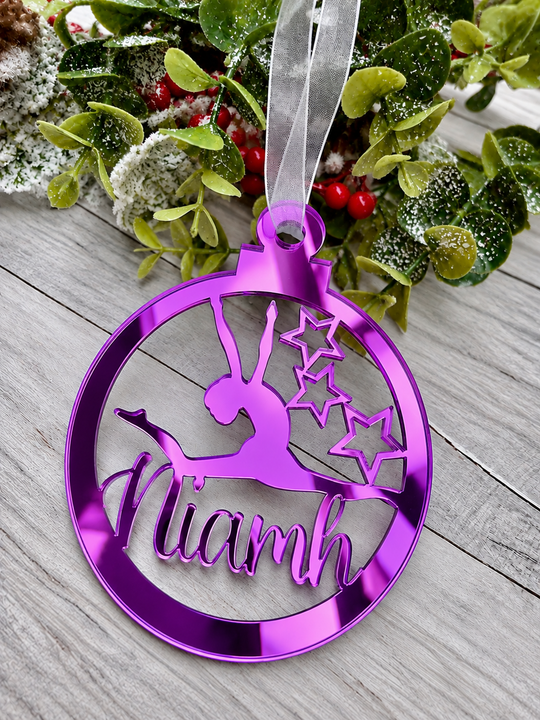 Personalised gymnast Christmas decoration in purple mirrored acrylic