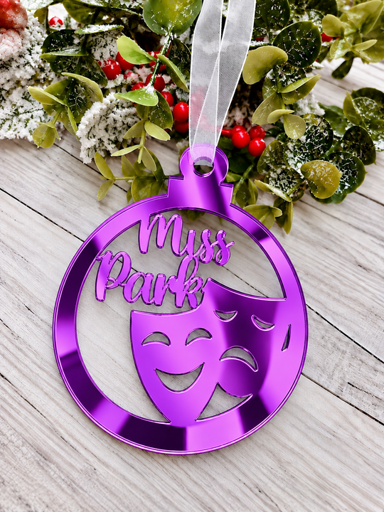 Personalised drama Christmas decoration in purple mirrored acrylic