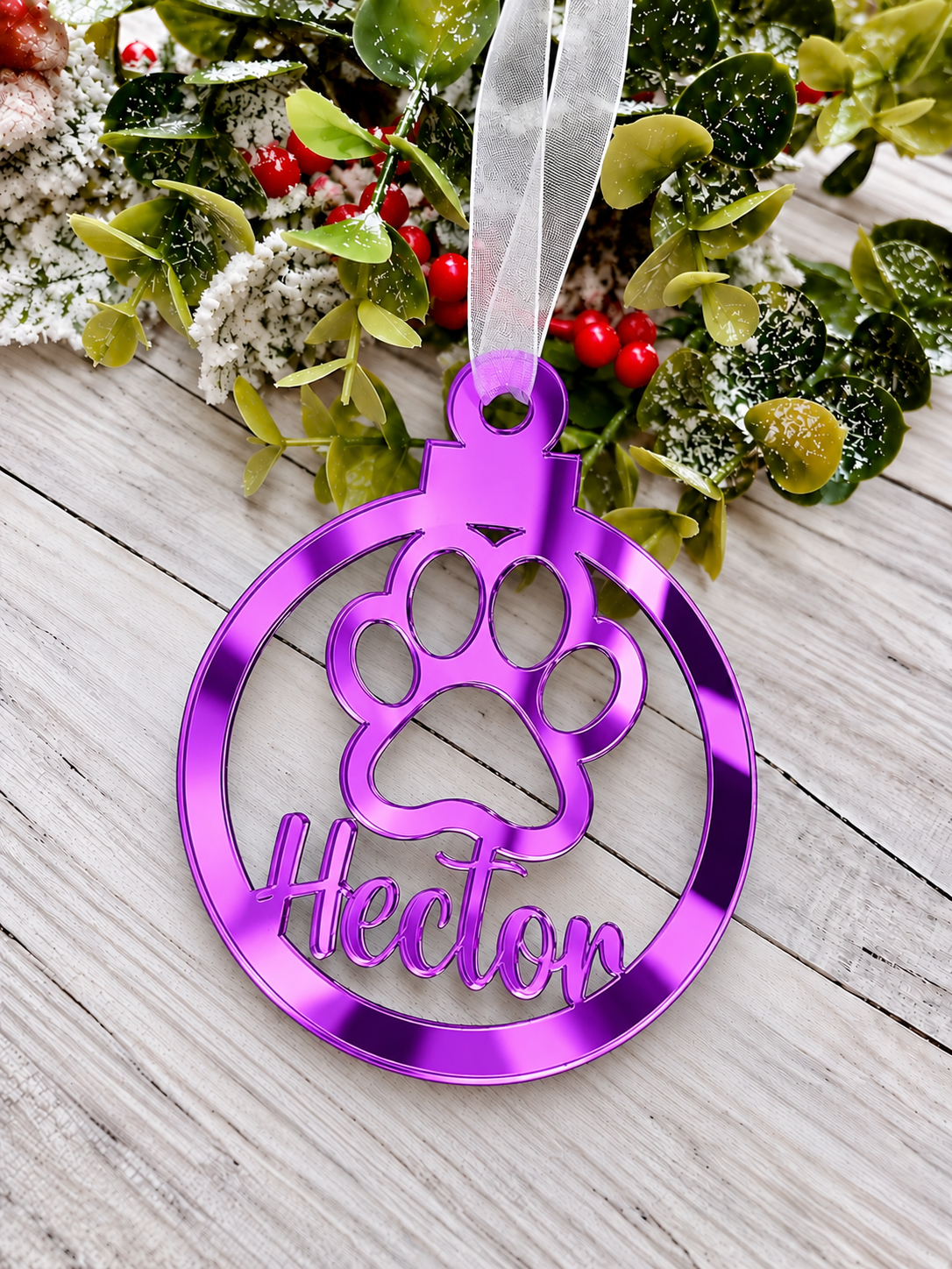 Load image into Gallery viewer, Personalised paw print Christmas decoration in purple mirrored acrylic
