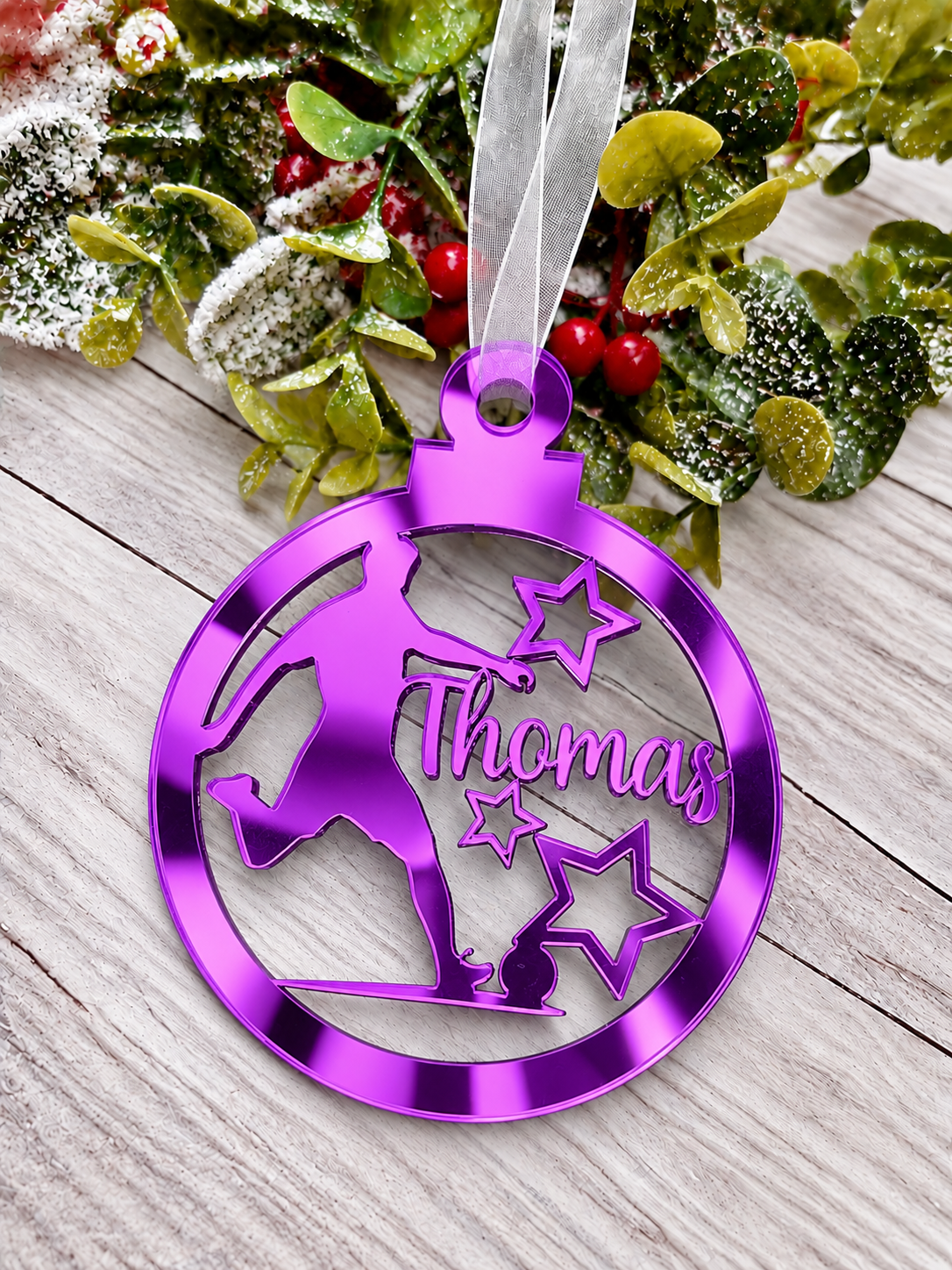 Load image into Gallery viewer, Personalised footballer Christmas decoration in purple mirrored acrylic
