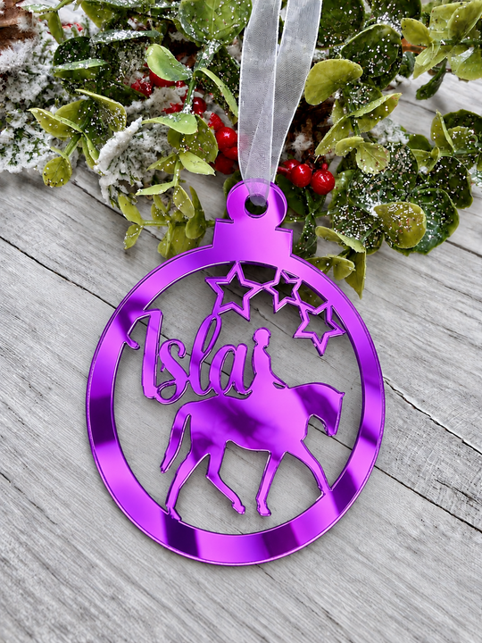 Personalised horse rider Christmas decoration in purple mirrored acrylic