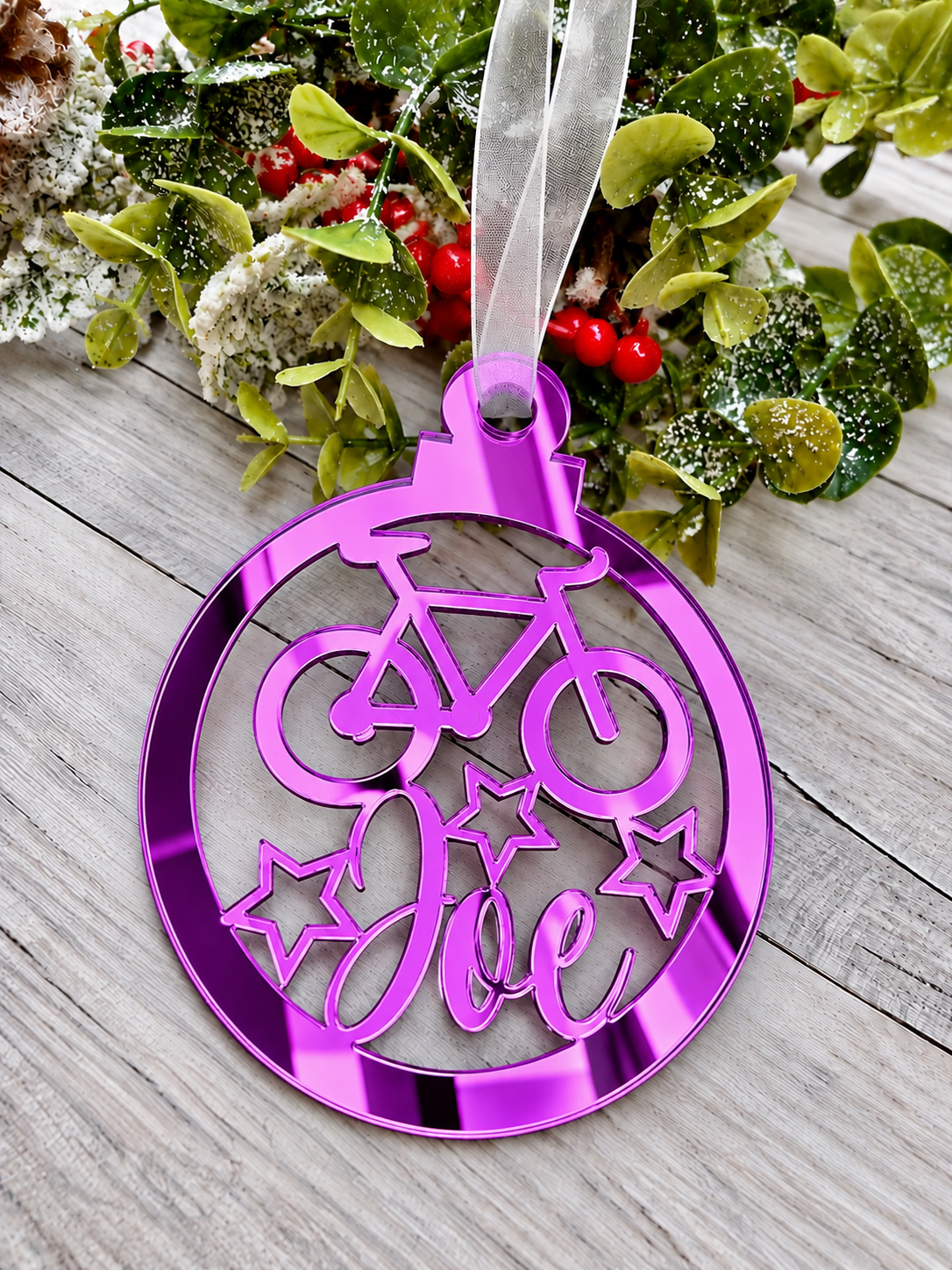 Load image into Gallery viewer, Personalised cyclist Christmas decoration in purple mirrored acrylic
