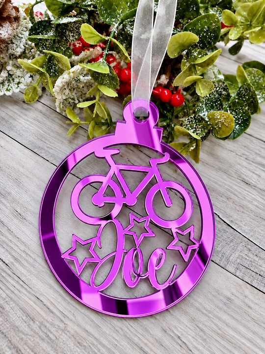 Personalised cyclist Christmas decoration in purple mirrored acrylic