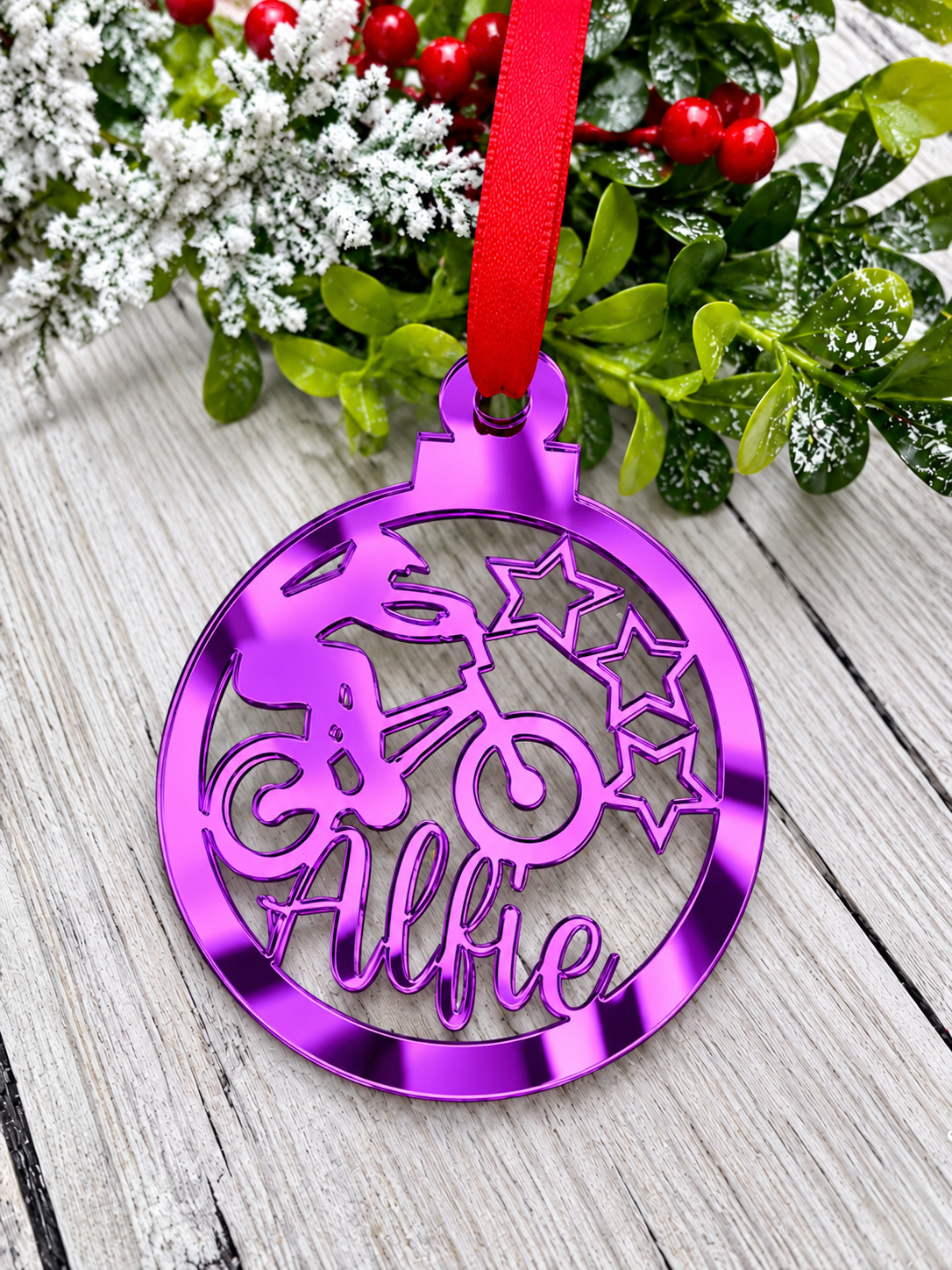 Load image into Gallery viewer, Personalised BMX Christmas decoration in purple mirrored acrylic
