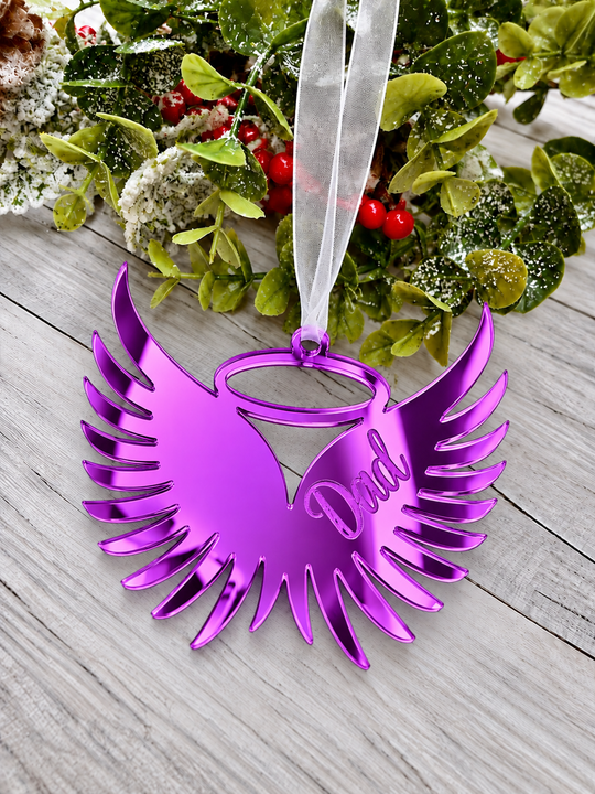 Angel wings in memory Christmas decoration in purple mirrored acrylic engraved with a name