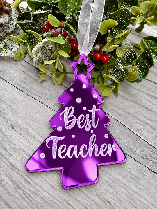 Personalised Best Teacher tree Christmas decoration in purple mirrored acrylic