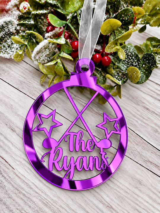 Personalised golf Christmas decoration in purple mirrored acrylic