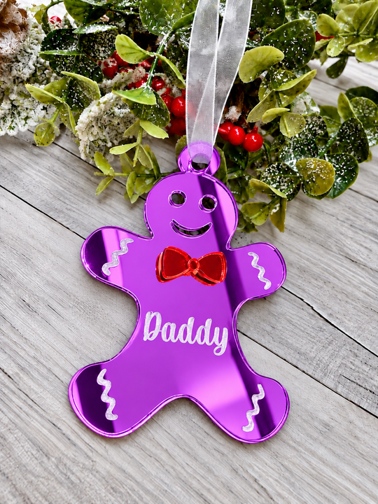 Personalised gingerbread man Christmas decoration in purple mirrored acrylic