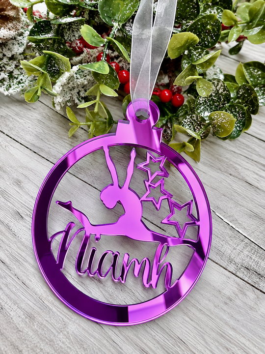 Personalised gymnast Christmas decoration in purple mirrored acrylic