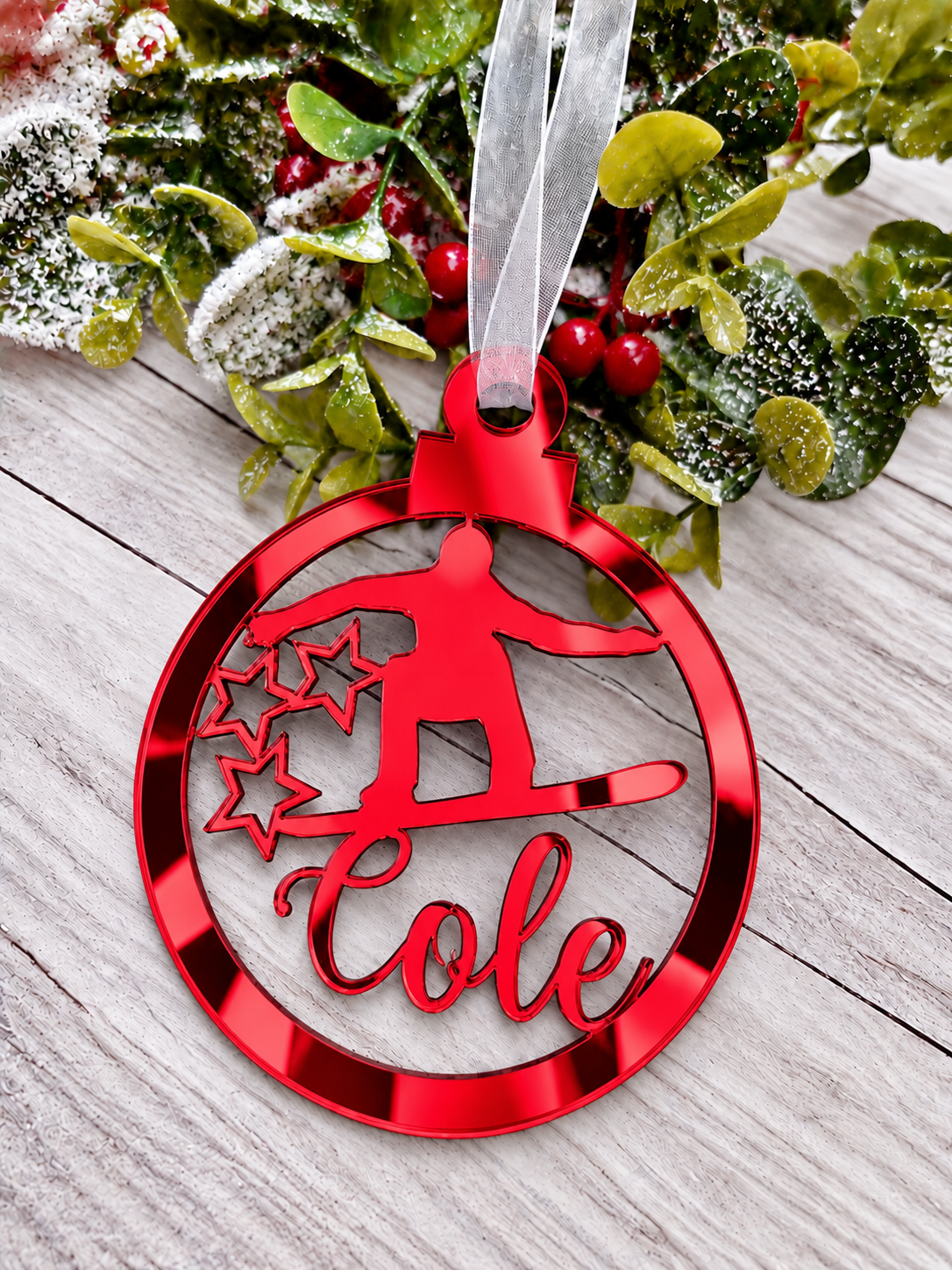 Load image into Gallery viewer, Personalised snowboarder Christmas decoration in red mirrored acrylic
