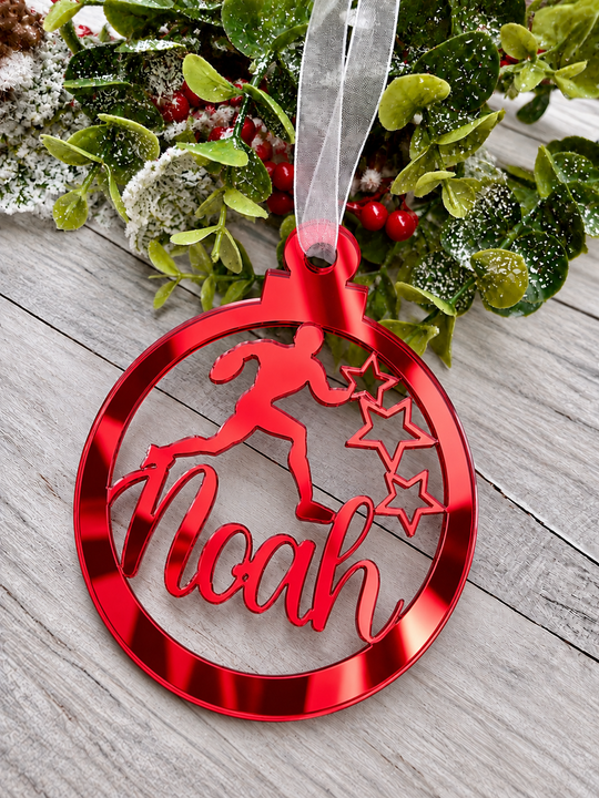 Personalised rugby Christmas decoration in red mirrored acrylic