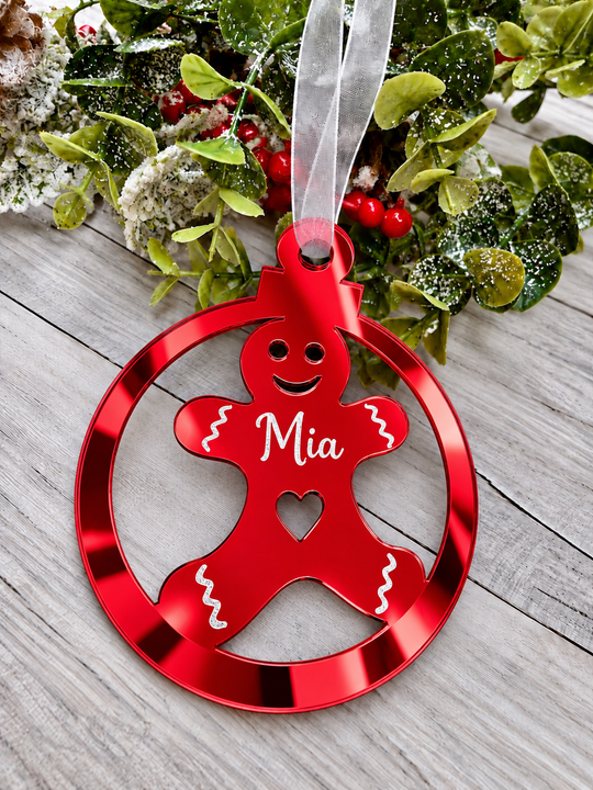 Personalised gingerbread bauble Christmas decoration in red mirrored acrylic