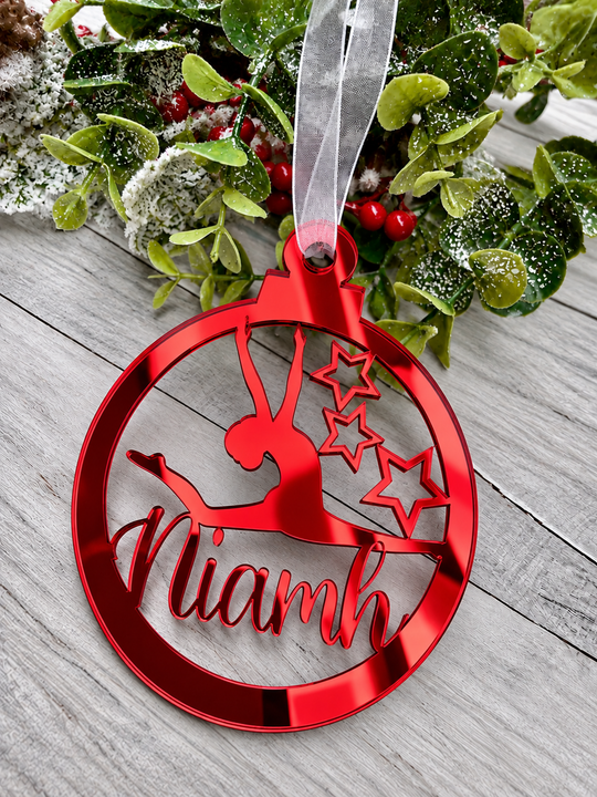 Personalised gymnast Christmas decoration in red mirrored acrylic