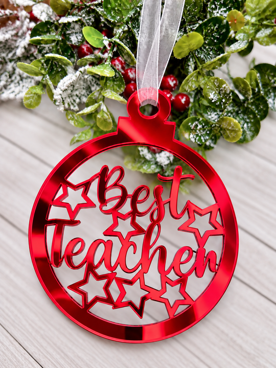 Personalised Best Teacher bauble Christmas decoration in red mirrored acrylic