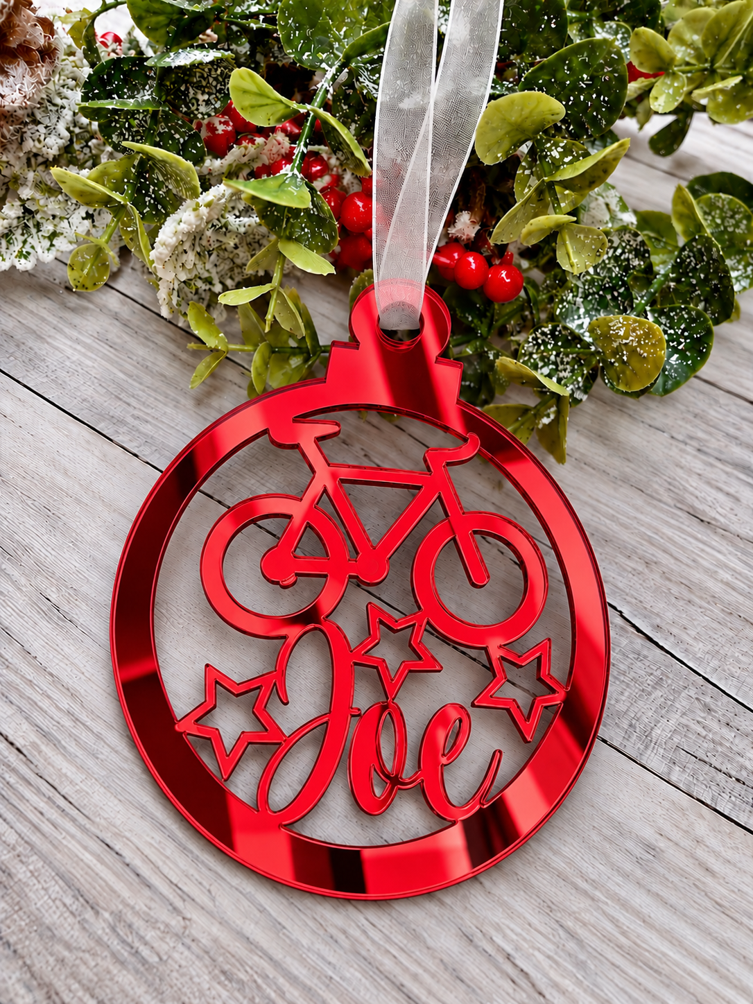 Load image into Gallery viewer, Personalised cyclist Christmas decoration in red mirrored acrylic

