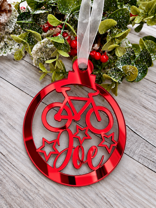 Personalised cyclist Christmas decoration in red mirrored acrylic