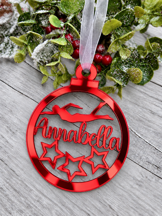 Personalised swimmer Christmas decoration in red mirrored acrylic